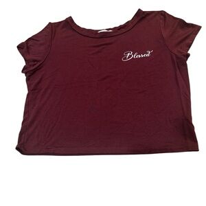 TeenBell maroon short sleeved crop top "Blessed" spell out, stretchy & comfy, M.